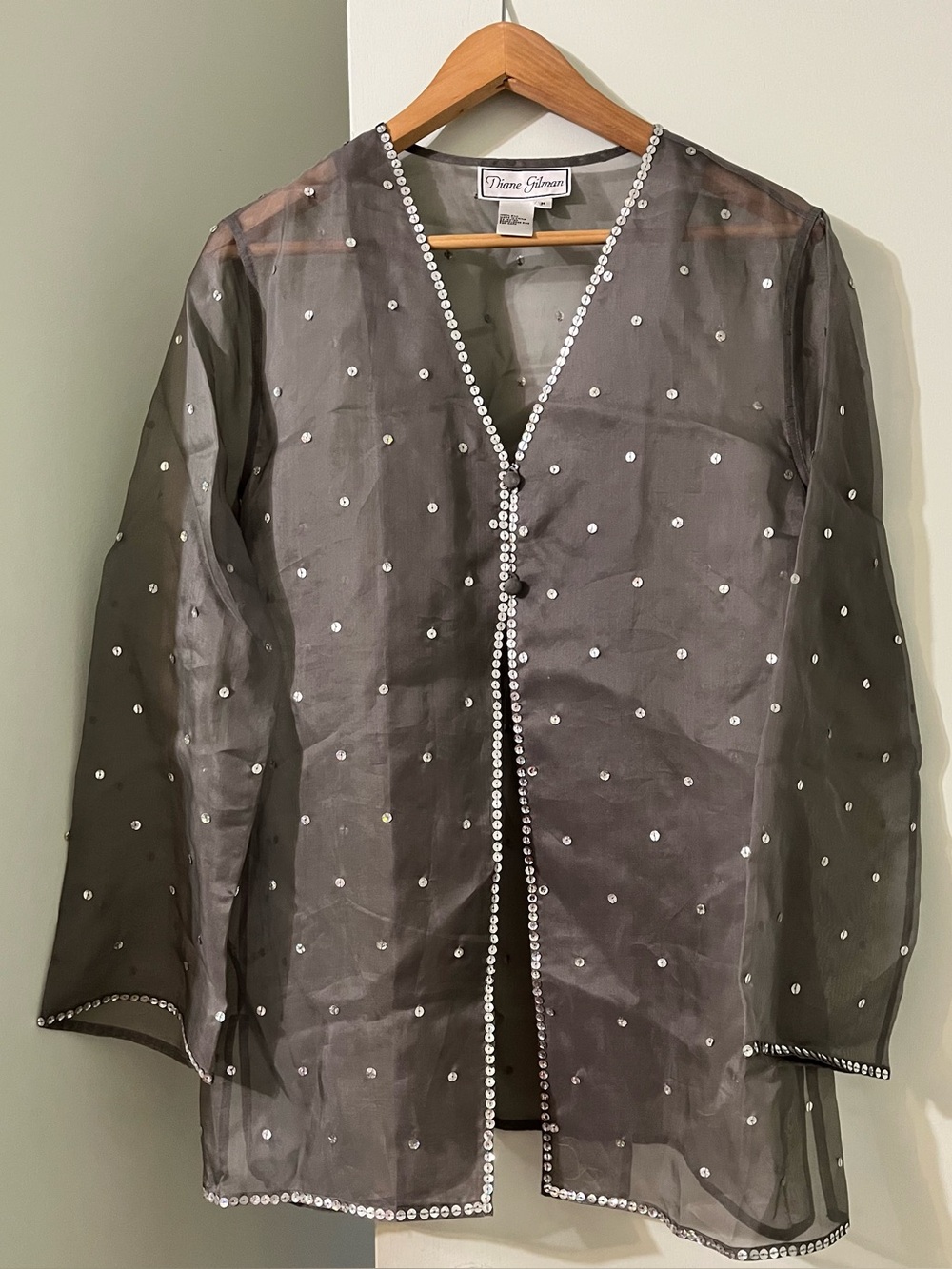 Diane Gilman 💯 silk sheer gray jacket embroidered with shiny silver sequins